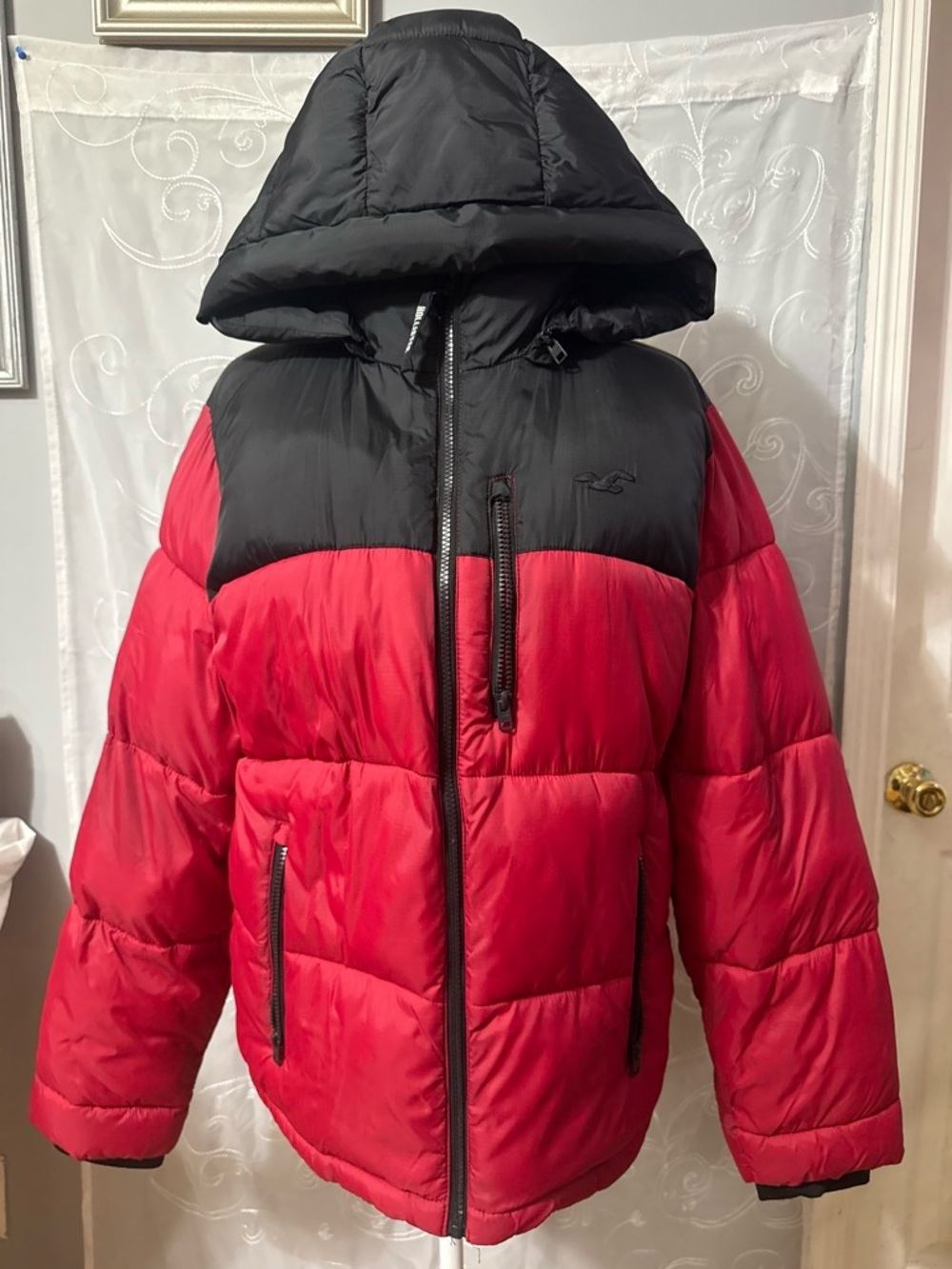 Hollister Red and Black Hooded Puffer Jacket